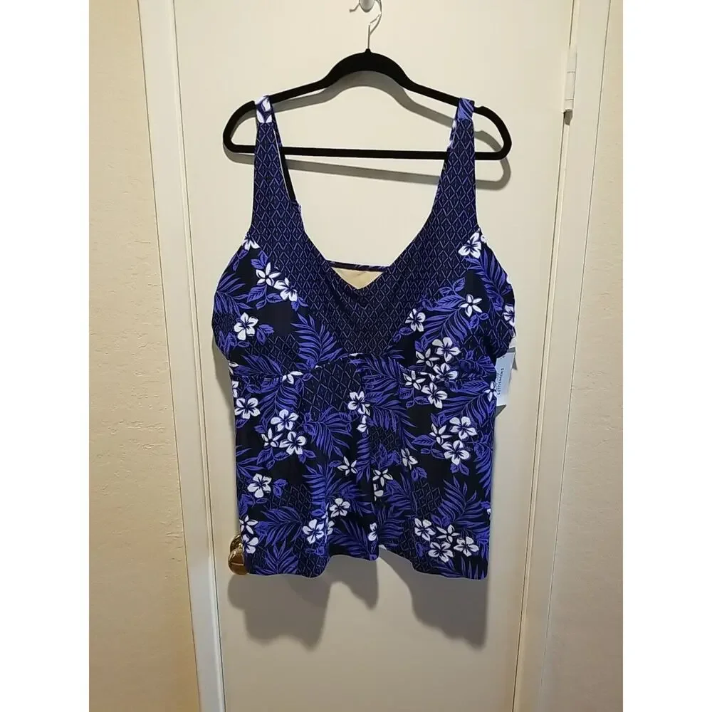 Swimsuits For‎ All Blue Floral Tankini Swim Top Size 26 Soft Cup Removable Pads
